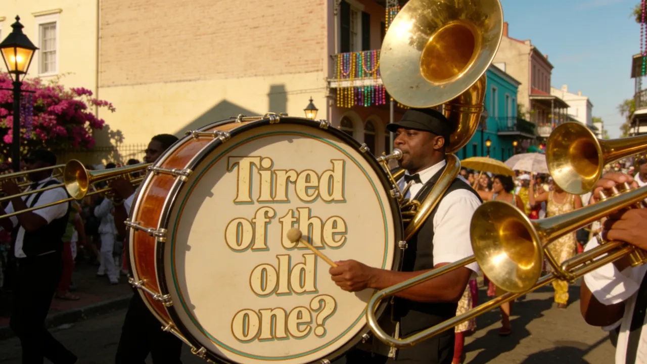 The bass drum of the parade band, its head lettered: Tired of the old one?