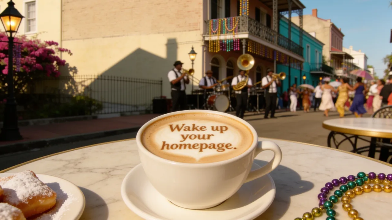 A café au lait on a marble table beside the parade, written in the foam: Wake up your homepage.