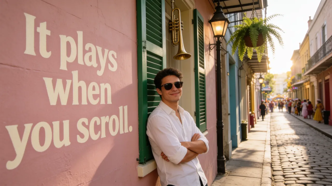 A man in sunglasses leaning on a pink wall at the mouth of an alley, painted beside him: It plays when you scroll.