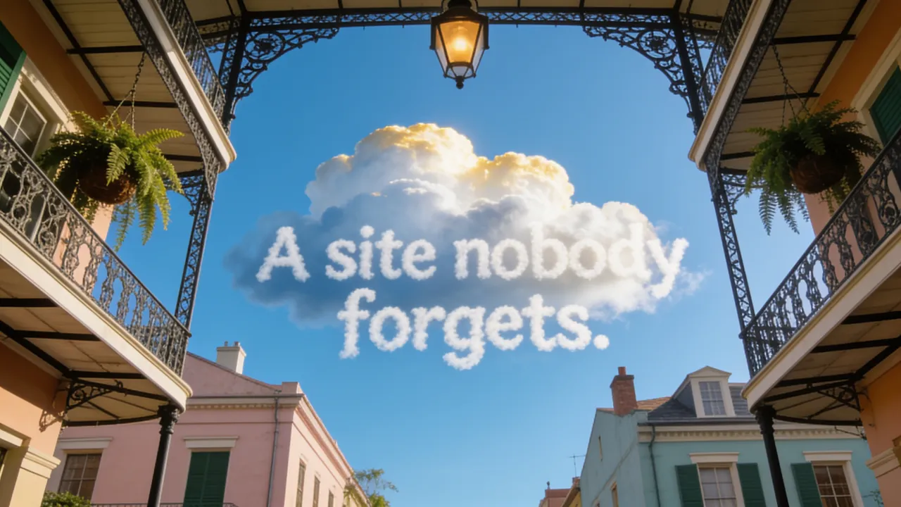 Looking up from the alley between the balconies, clouds spelling: A site nobody forgets.