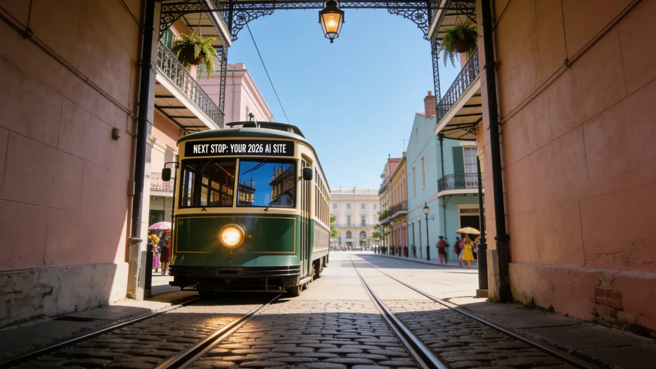 A green streetcar stopped across the mouth of the alley, its roll sign reading: NEXT STOP: YOUR 2026 AI SITE