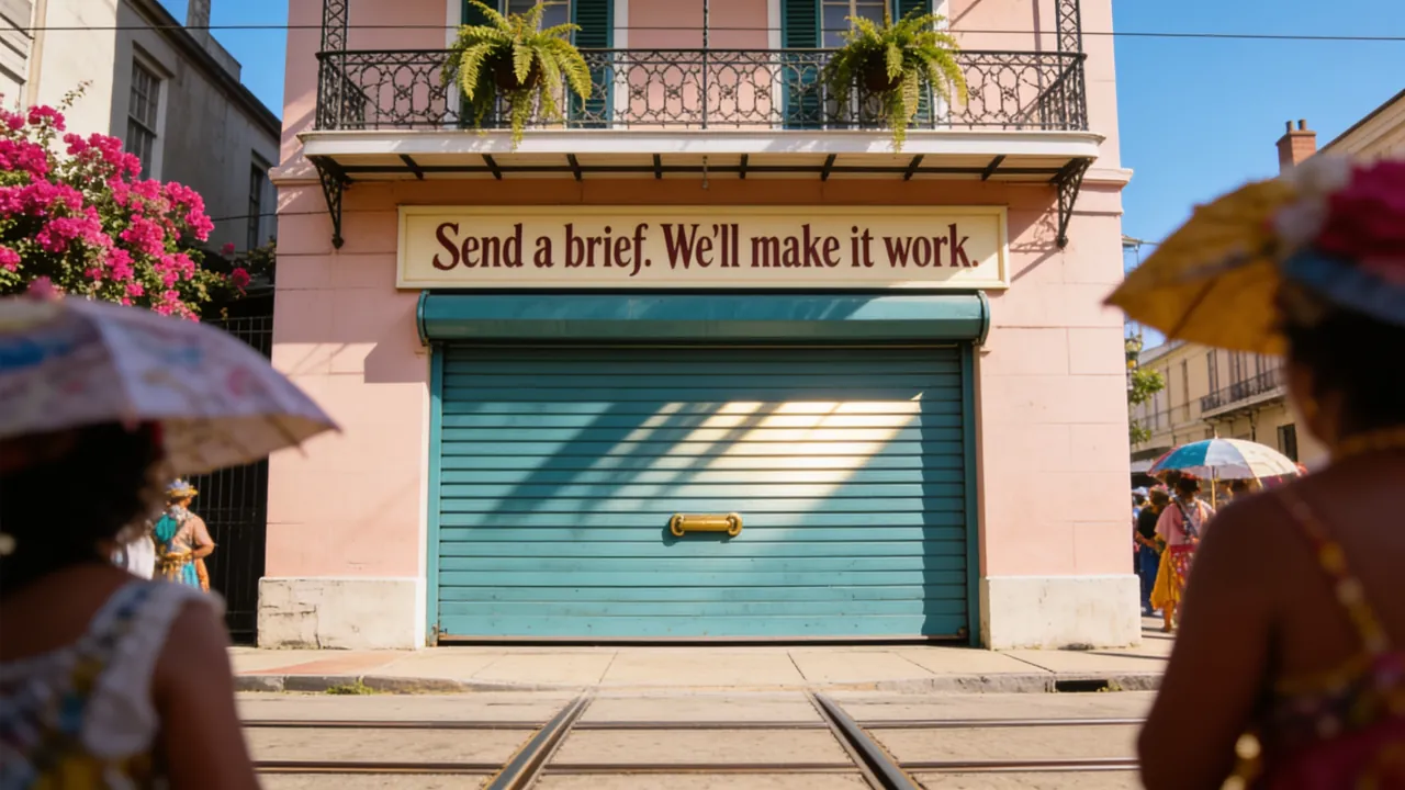 A teal shutter on a pink corner building, the sign above it painted: Send a brief. We'll make it work.